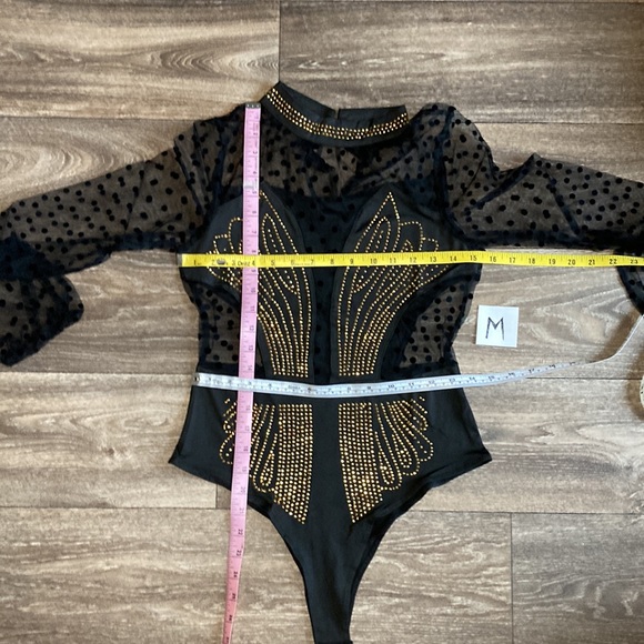 Black Gold Studded Bodysuit Corset Silhouette over Delicate Swiss Dot S/M/L/XL - Picture 8 of 10